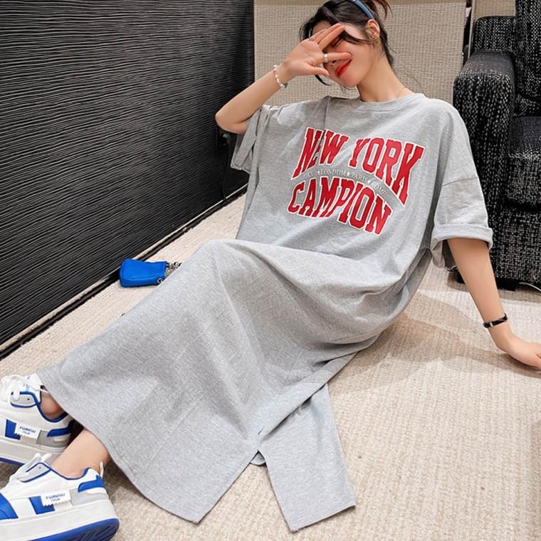 영문 레터링 넉넉한 오버핏 사이즈 여성 반팔 원피스