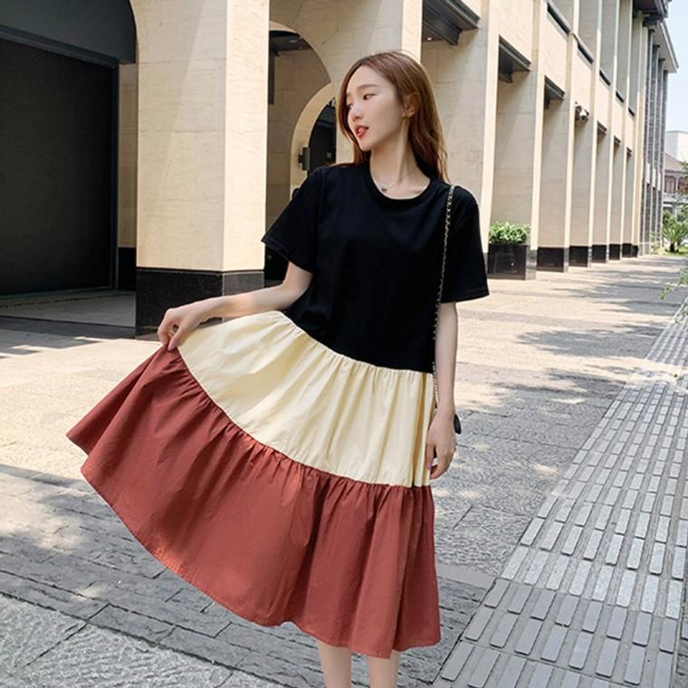예쁜 배색 넓은 A라인 반팔라운드 데일리 여자 원피스