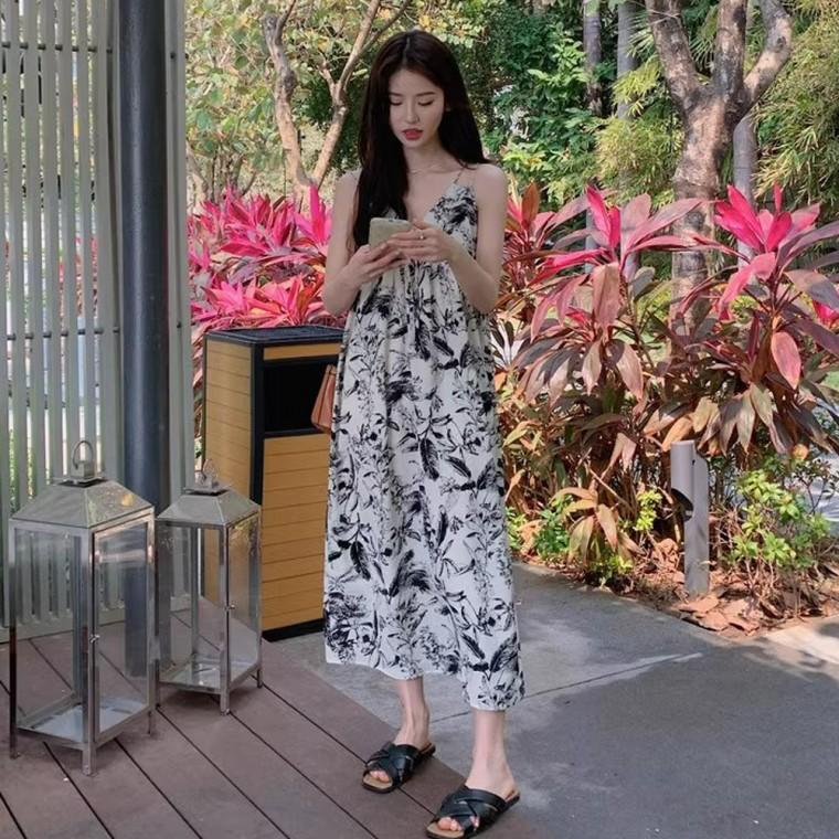 예쁜 수묵화 플라워 패턴 앞리본 여름 여성 원피스