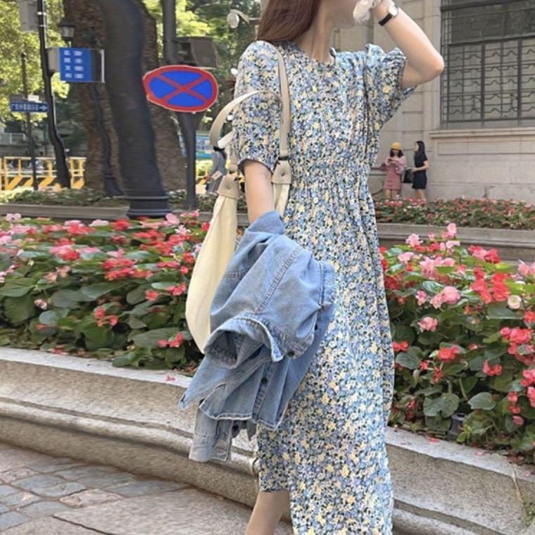 여성 스러운 블루 플라워 패턴 밴딩 청순 예쁜 원피스 하객 카라 레이시 니트 롱원피스