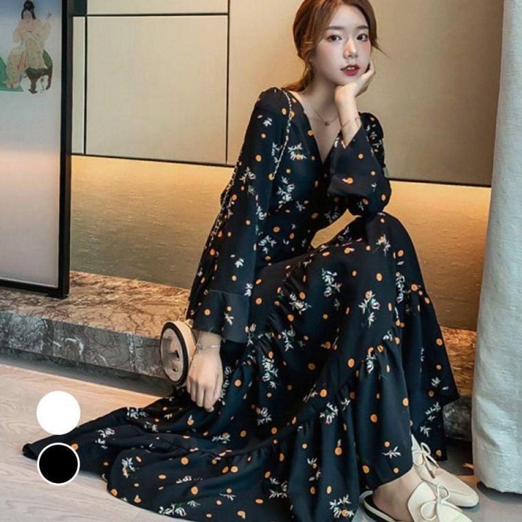 플라워 패턴 여성 외출 나들이 데일리 패션 원피스 치마 롱원피스 니트 플레어 면원피스
