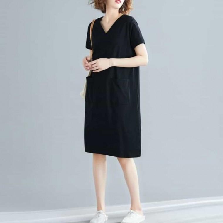 데일리 여성 반팔 원피스 캐주얼 여성 브이넥 원피스 루즈핏 여름 깔끔원피스 미디원피스