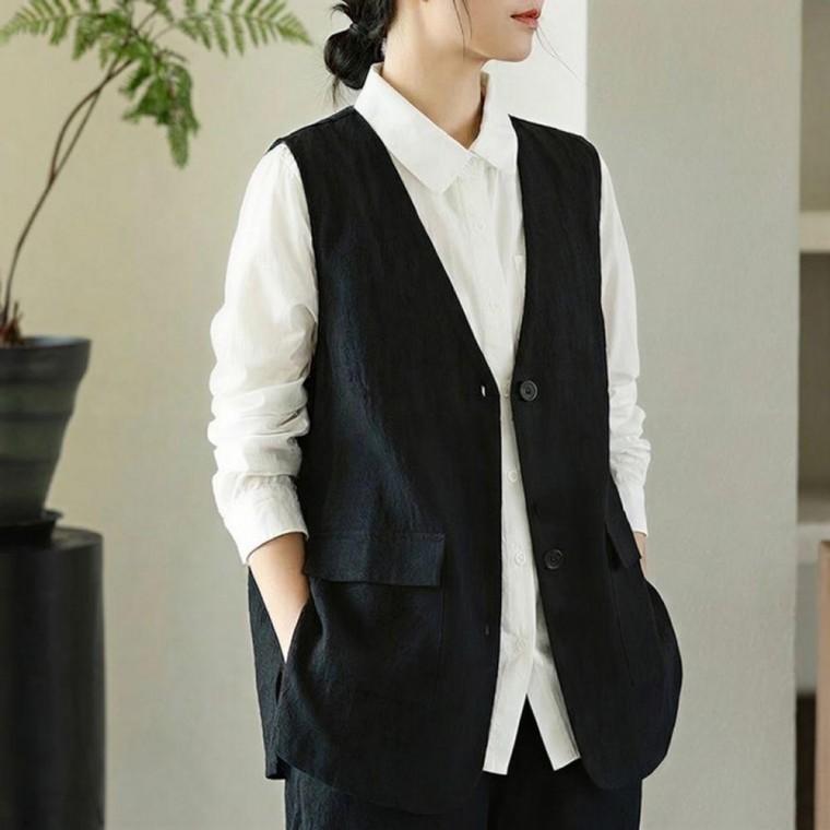 여성 빅사이즈 깔끔 봄 여름 가을 포켓 린넨 쿨 마 조끼 데일리 루즈핏