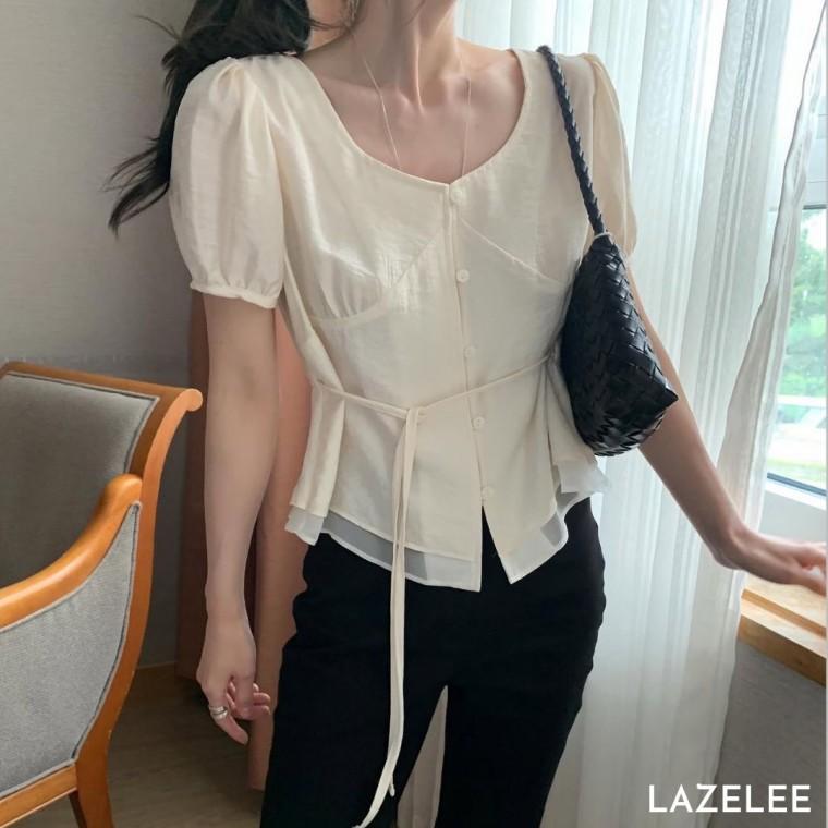 레이즐리 셔링 퍼프 소매 스트랩 블라우스 여성 페플럼 반팔 여름 스퀘어넥 하객룩 오피스룩