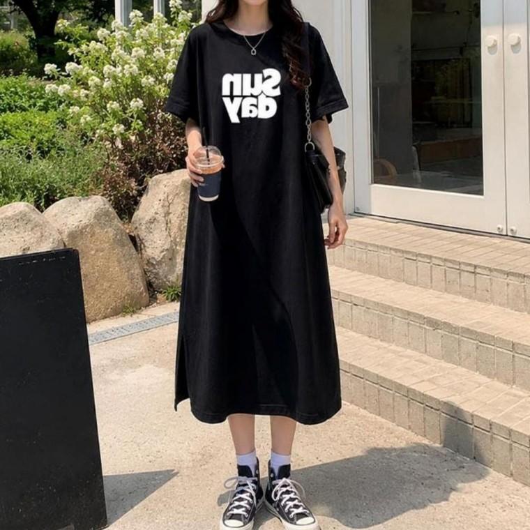 여성 오버핏 여성오버핏원피스 사이드 절개 롱 기장 일상 반팔 캐주얼 원피스