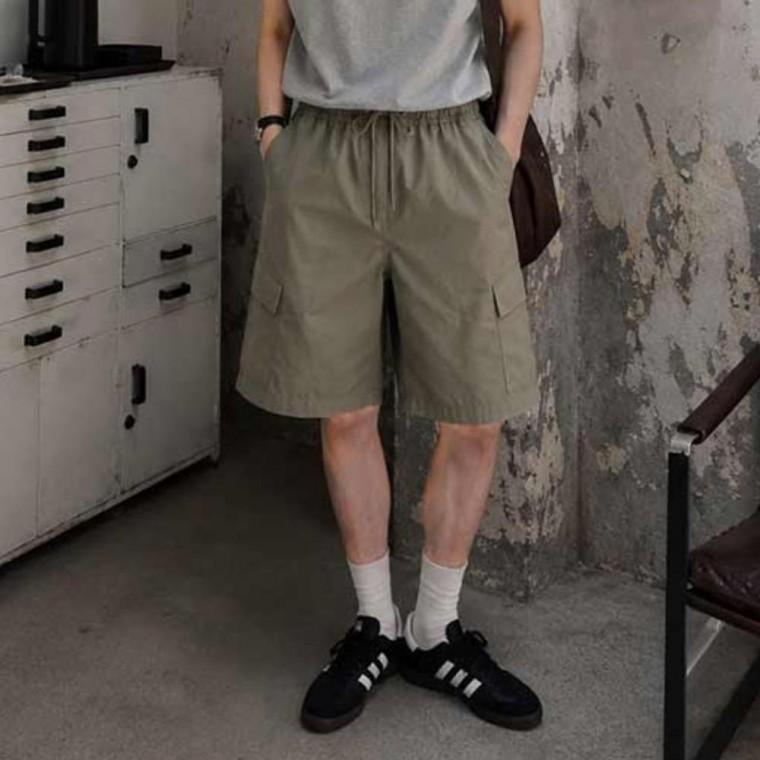 남성 하프 남성팬츠 카고 와이드 버뮤다 허리밴딩 일상 캐주얼 심플 바지
