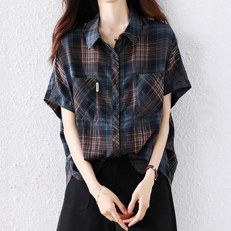 반팔 체크 셔츠 여성 포켓 루즈핏 여름 데일리룩