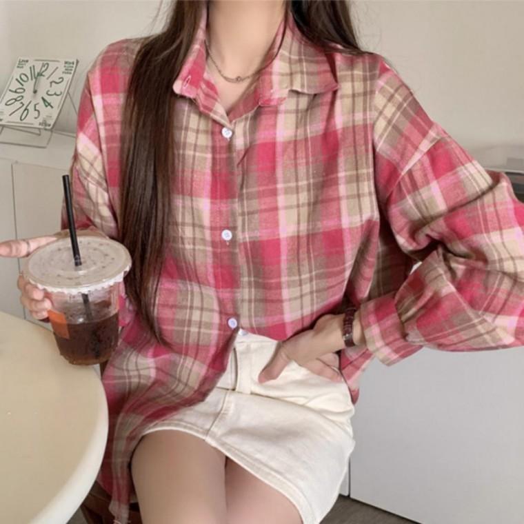 여성 오버핏 체크 긴팔 셔츠 핑크