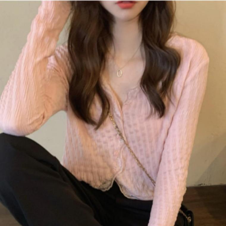 여성 레이스 크롭 가디건 핑크