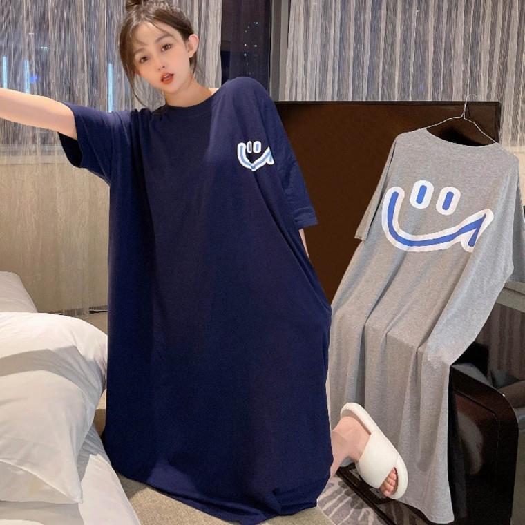 여자 귀여운 빅 스마일 포인트 여름 반팔 롱 원피스