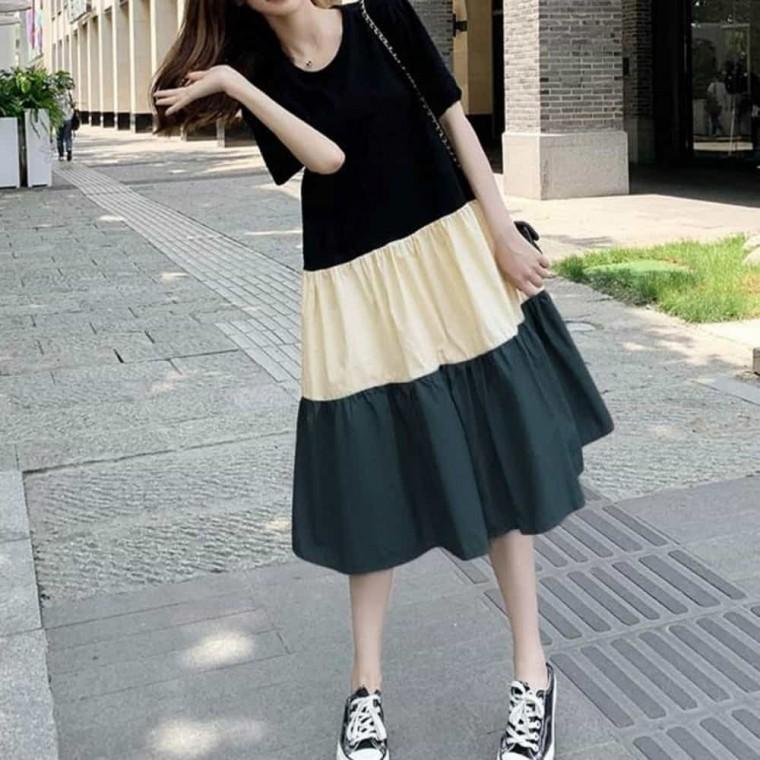 루즈핏 여성 반팔 원피스 플레어 여름 원피스 빅사이즈 데일리 삼색원피스 배색원피스