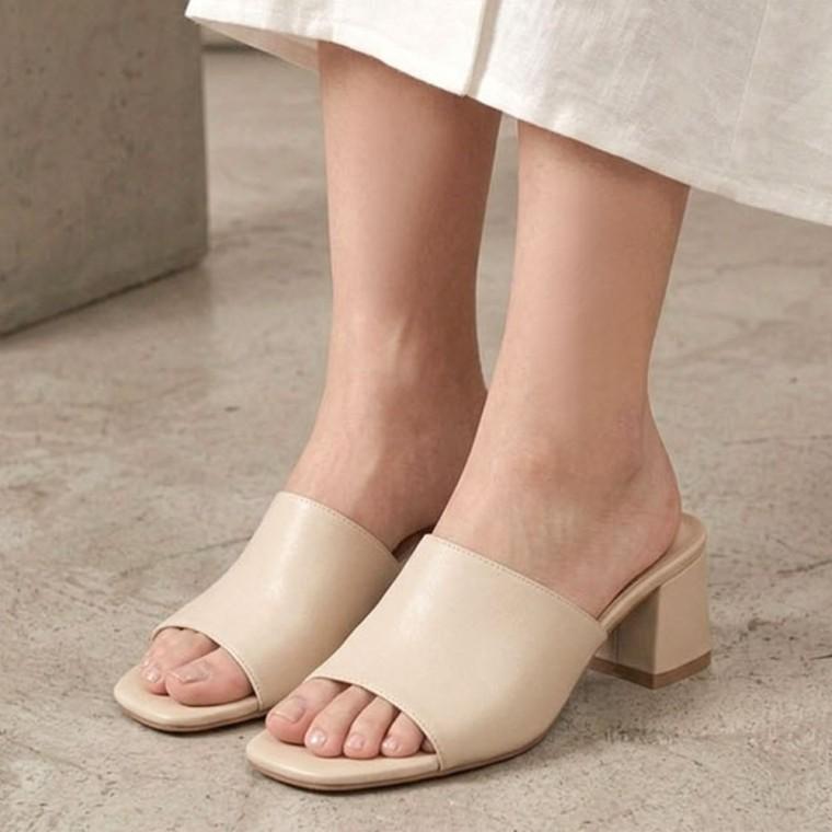 6cm 스퀘어 여성 뮬슬리퍼 스트랩 미들힐 샌들힐 블로퍼