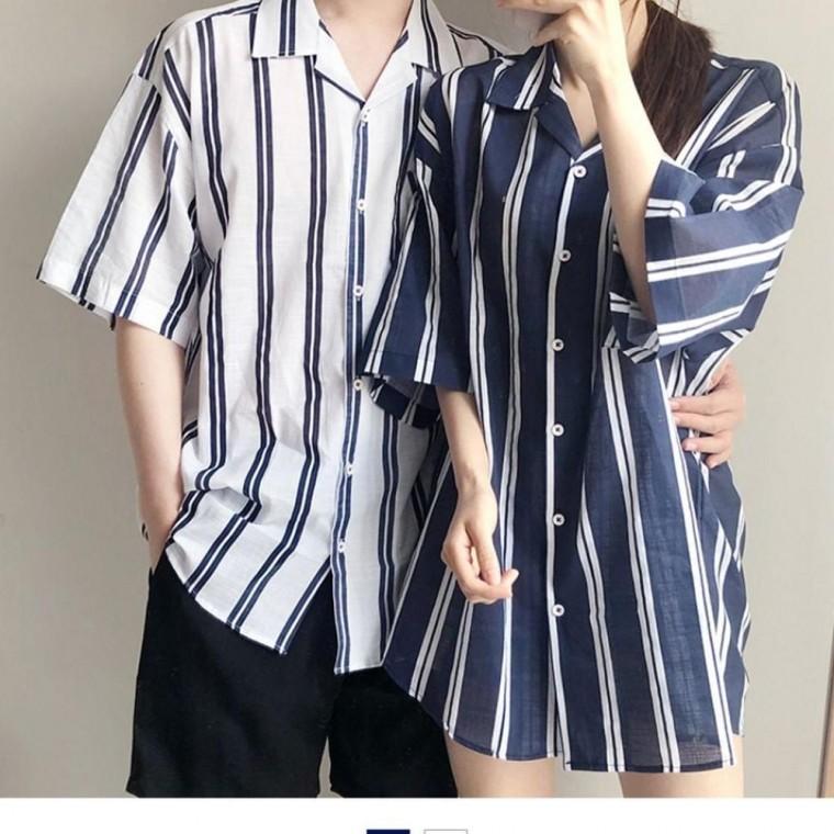 남녀공용 네이비줄지 남녀공용셔츠 루즈핏 일상룩반팔셔츠