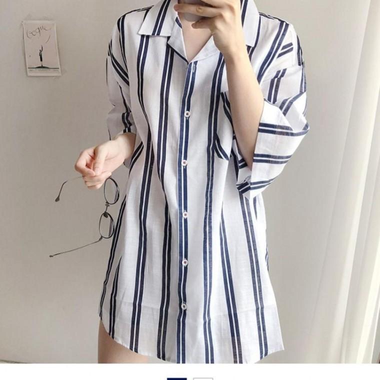 여성 네이비 여성의류 린넨 스트라이프 비치케이스업롱셔츠