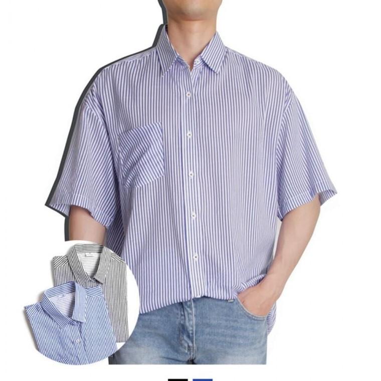 남성 스트라이프 남성셔츠 코튼린넨 오버핏 여름반팔셔츠