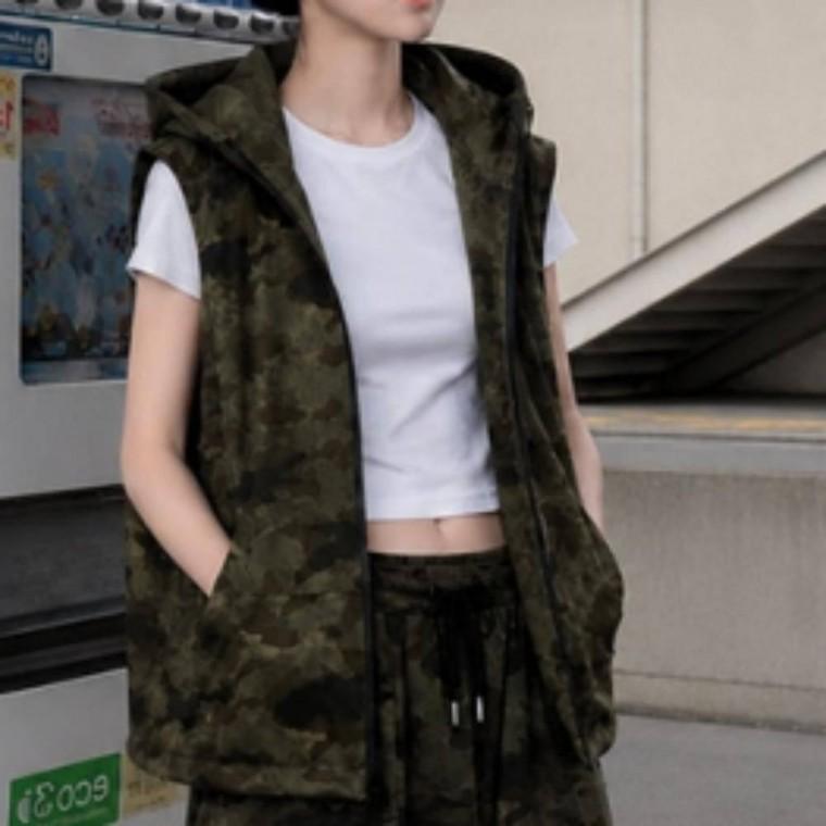 집업 조끼 스트링 베스트 후드 카모 캐주얼 밀리터리