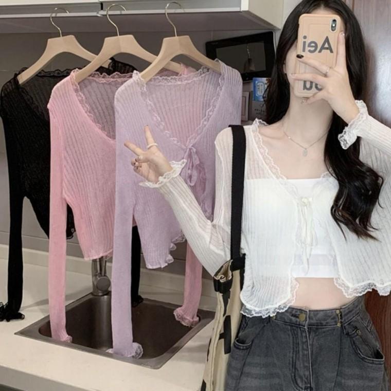 청순 레이스 임부복 시스루 골지 타이 가디건