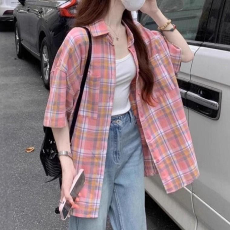 여성 핑크 여성의류 체크 반팔 셔츠