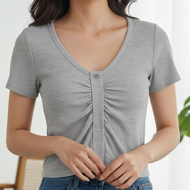 앞셔링 브이넥 여성티셔츠 브라캡 반팔 티셔츠 여성 노브라티