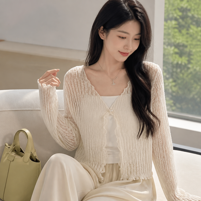 여성 브이넥 시스루 가디건 루즈핏 펀칭 봄여름 니트웨어
