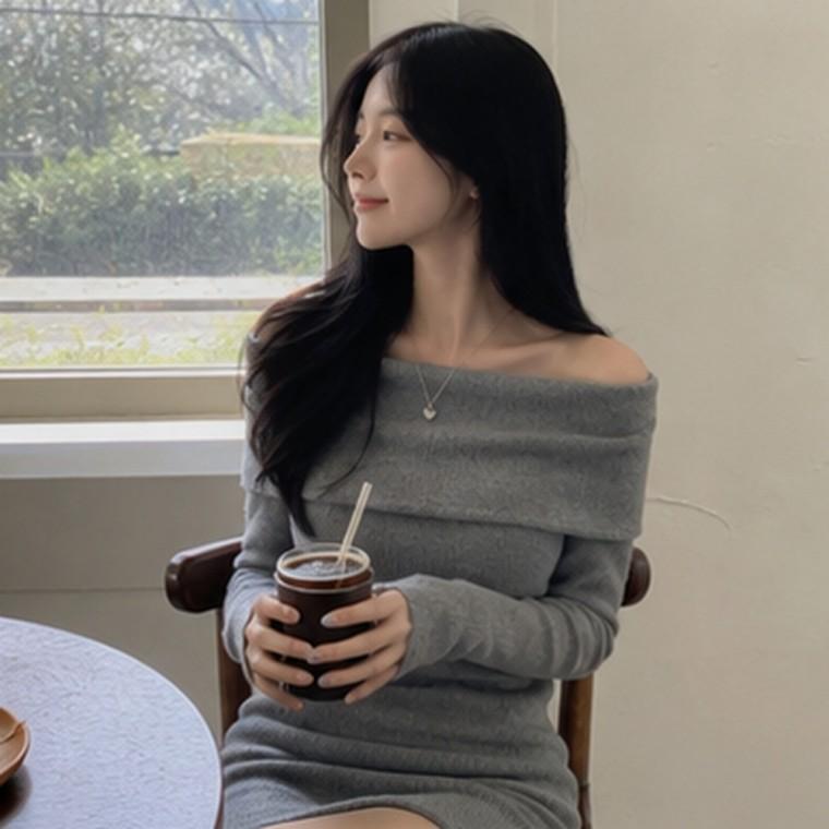 여리한 오프숄더 골지 니트 원피스 슬림핏 데이트룩