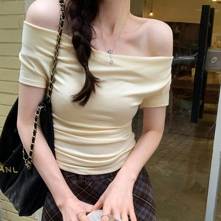 여성 페미닌룩 여성티셔츠 여름 카울넥 우아한 보넬 반팔티셔츠