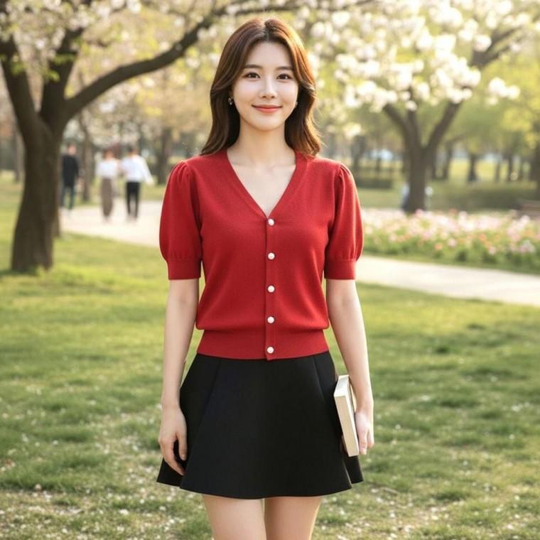 미텐드 꽃진주 임부복 단추 퍼프 소매 반팔 가디건