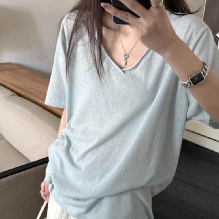 여성 루즈핏 여성티셔츠 브이넥 일상 반팔 깔끔 베이직 스타일 캐주얼 티셔츠