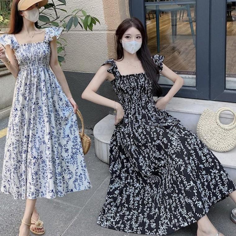 여자 플라워 여자원피스 패턴 프릴 스모크허리밴딩 스퀘어넥 원피스