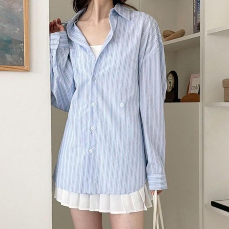 여성 클래식 여성의류 세로 스트라이프 루즈핏 일상 봄가을 캐주얼 셔츠