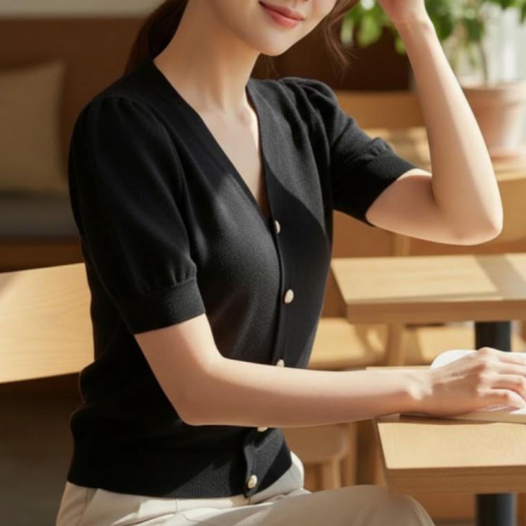 꽃진주 단추 퍼프소매 반팔 가디건 여름 니트 여성