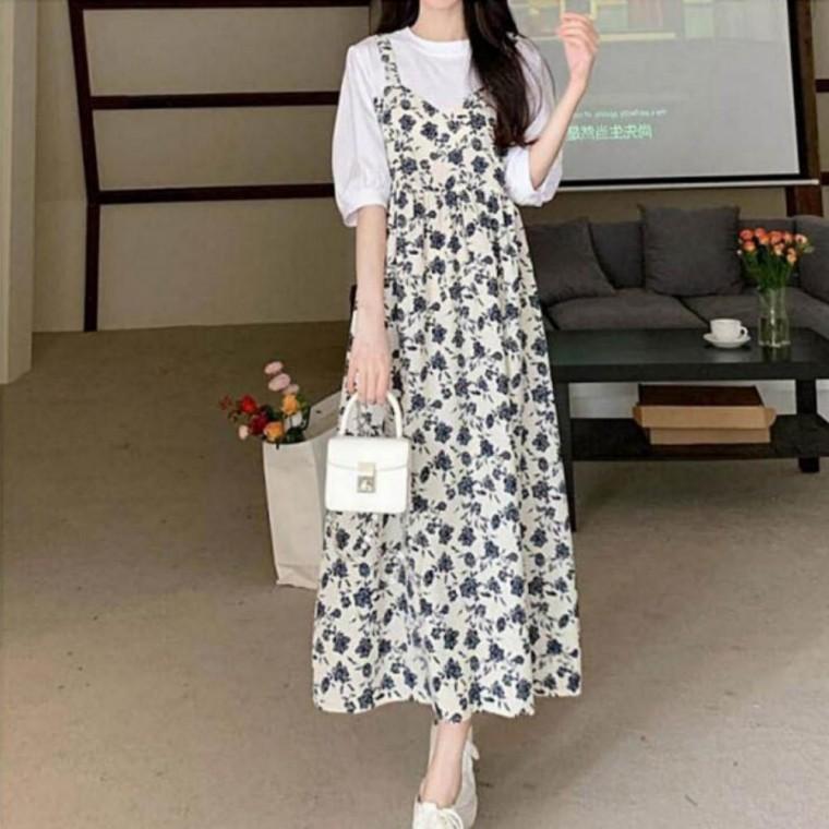 반팔 티셔츠 원피스 뷔스티에 레이어드 세트 롱원피스