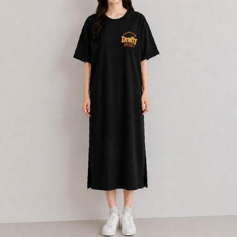 여성 감각적인 레터링 사이드 절개 데일리 홈웨어 롱 원피스