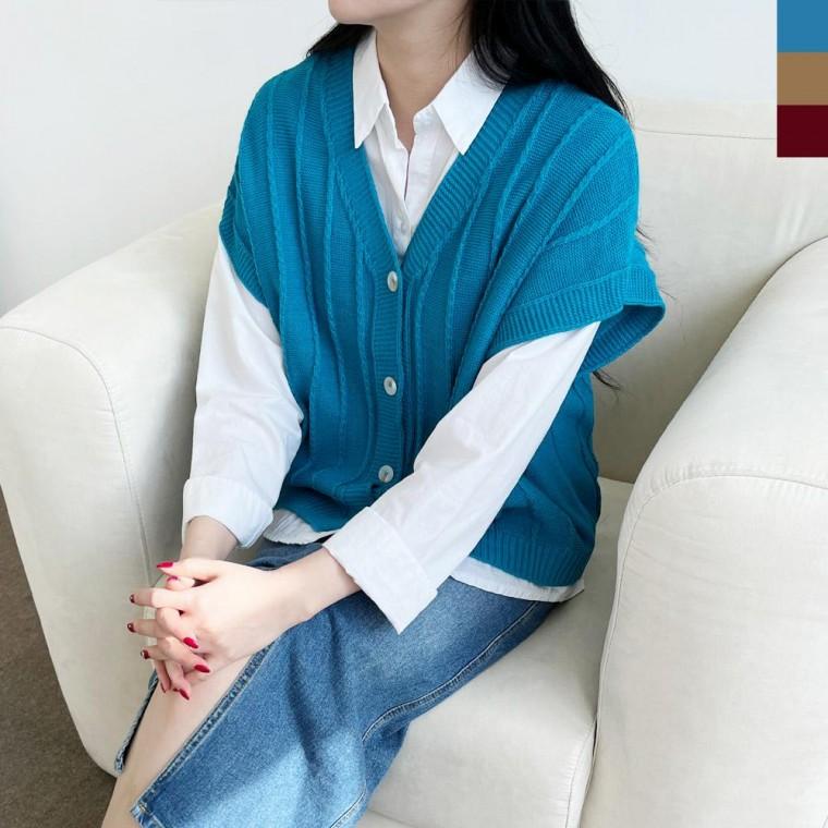 2LABB 1017 여자박시브이니트조끼 라운드 남성 스웨터 넥 조끼 긴팔 라운드넥 여성 롱 무지 루즈핏 니트 가