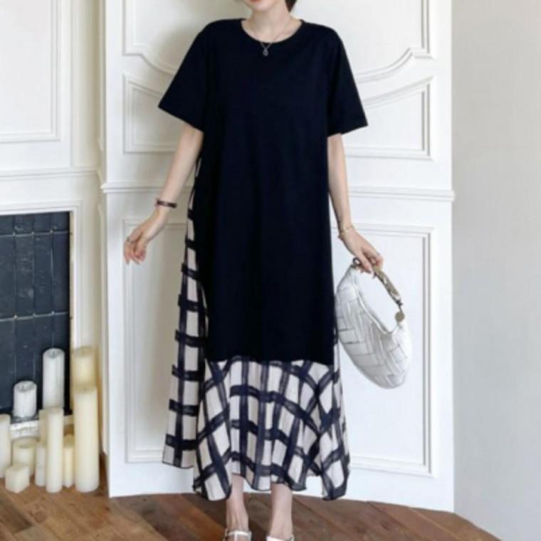 캐주얼 사이드 체크 배색 여름 반팔 플레어 롱원피스 여름원피스 롱원피스 휴양지룩 코디