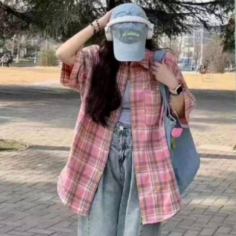 산뜻한 데일리룩 여행룩 핑크색 체크 반팔 셔츠 남방 체크셔츠 오피스룩 출근룩 코디