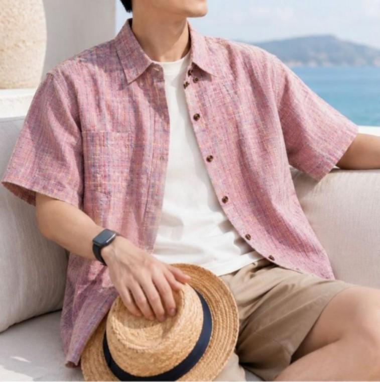 남성 시어서커 핑크체크무늬 반팔 셔츠 남방 체크셔츠 오피스룩 출근룩 코디