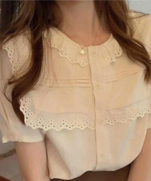 여름 로맨틱무드 러블리 레이스 카라 반팔 블라우스 셔츠 남방 하객룩 데이트룩 코디