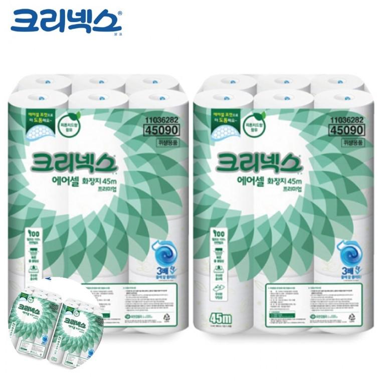 롤화장지 휴지 롤티슈 롤휴지 두루마리화장지 두루마리 화장지 물에 녹는 프리미엄 에어셀 45m 24롤 x 2개