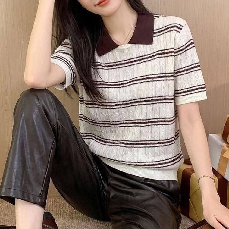 여자 여름 스트라이프 꽈배기 카라 반팔 니트
