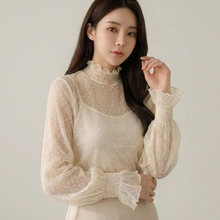우아한 여성 꽃 도트 시스루 레이스 자수 블라우스