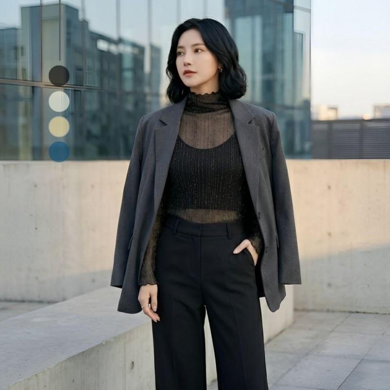 여성 시스루 레이스 블라우스 반목 이너 레이어드 자수 목티