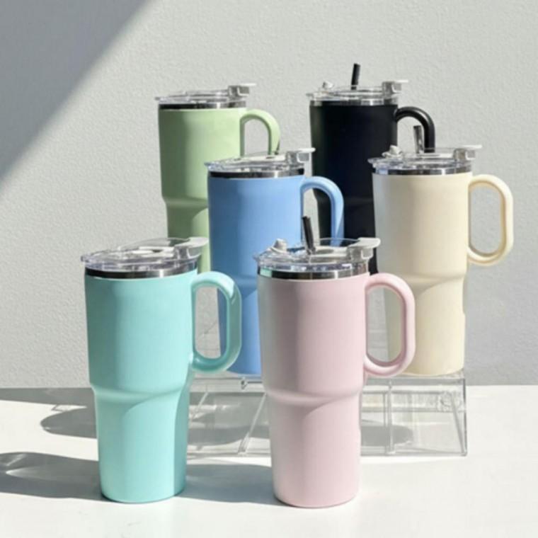 손잡이 스텐 사무실 머그컵 텀블러 빨대포함 600ml
