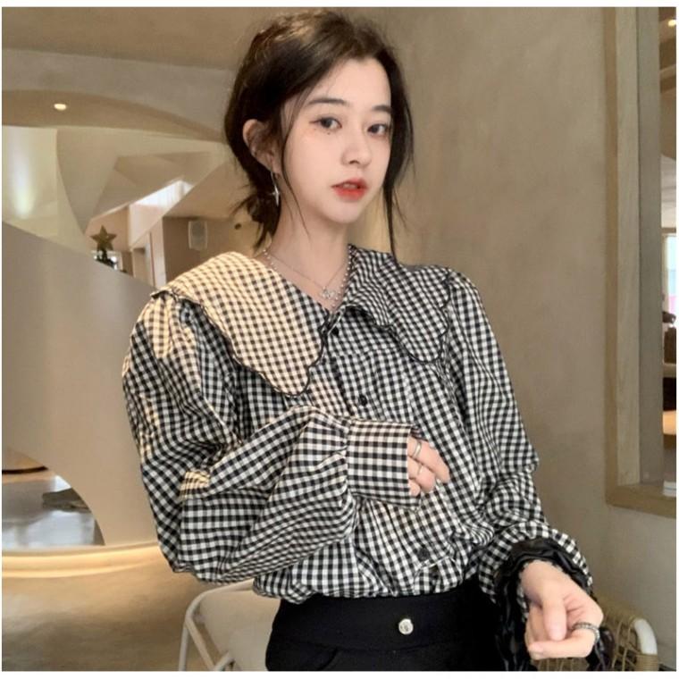 빅카라 체크 패턴 루즈핏 블라우스