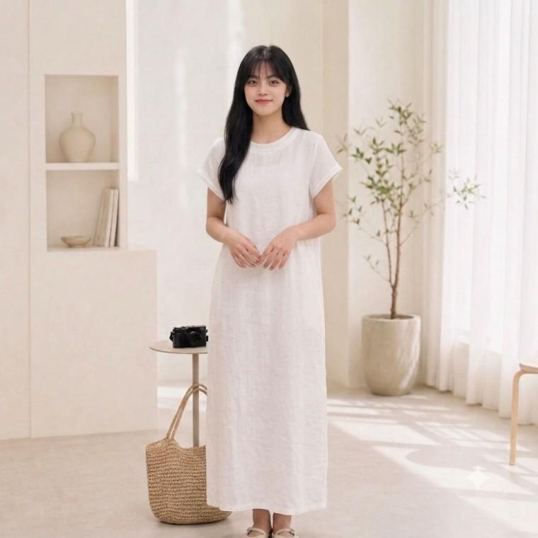 아인리 여성 100% 린넨 캡소매 롱원피스 라운드넥 민소매 마원피스 ay66053