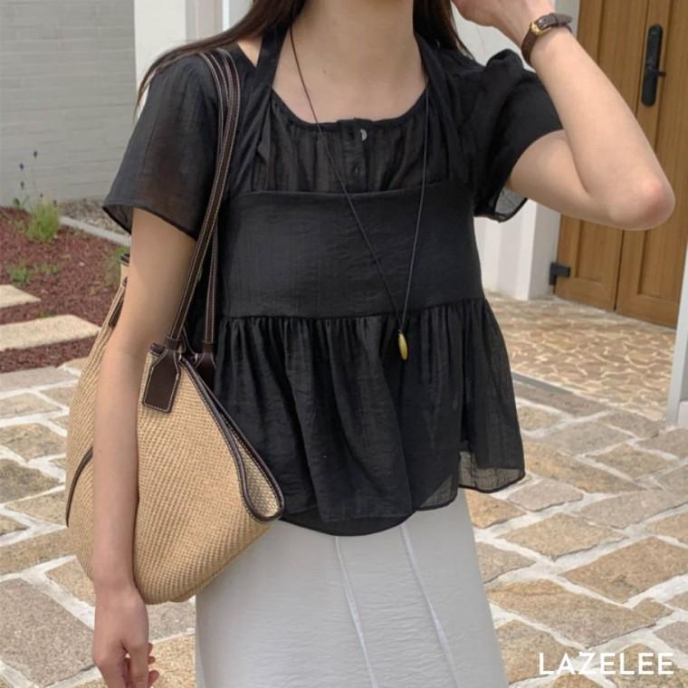 레이즐리 블랙 레이어드 셔링 뷔스티에 블라우스 쉬폰 반팔 퍼프 페플럼 프릴 여름블라우스 반팔블라우스