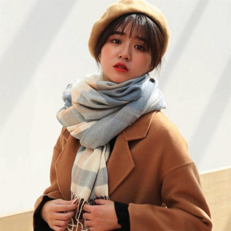 체크 머플러 베이지블루 겨울머플러