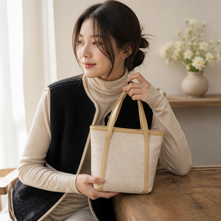 베이지 패브릭 미니 손가방 캔버스 핸드백