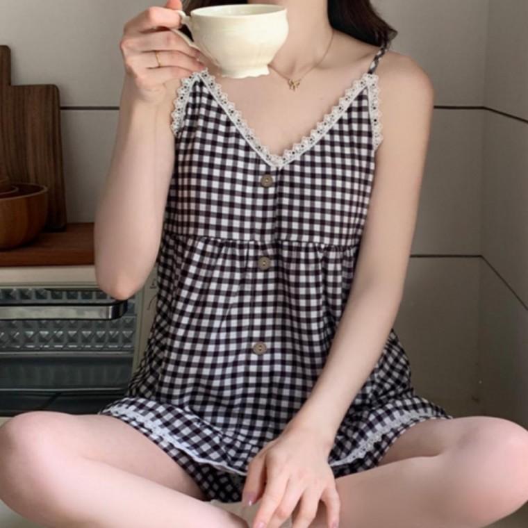 노브라 캡내장 체크 캐미솔 여성 잠옷 홈웨어 상하세트