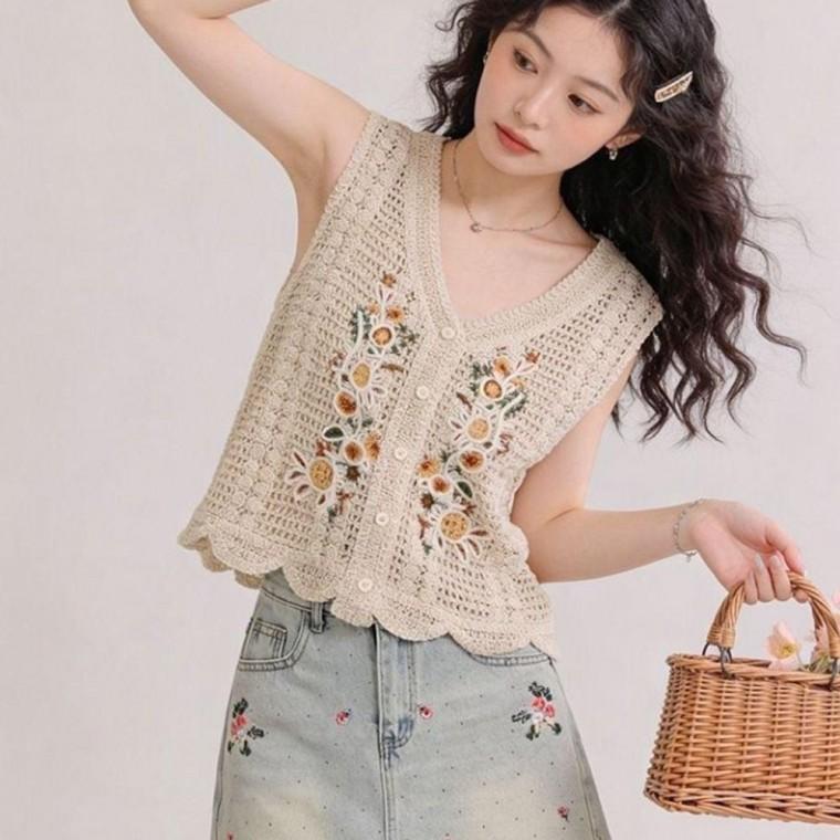 빈티지 자수 데이지가든 크로셰 베스트